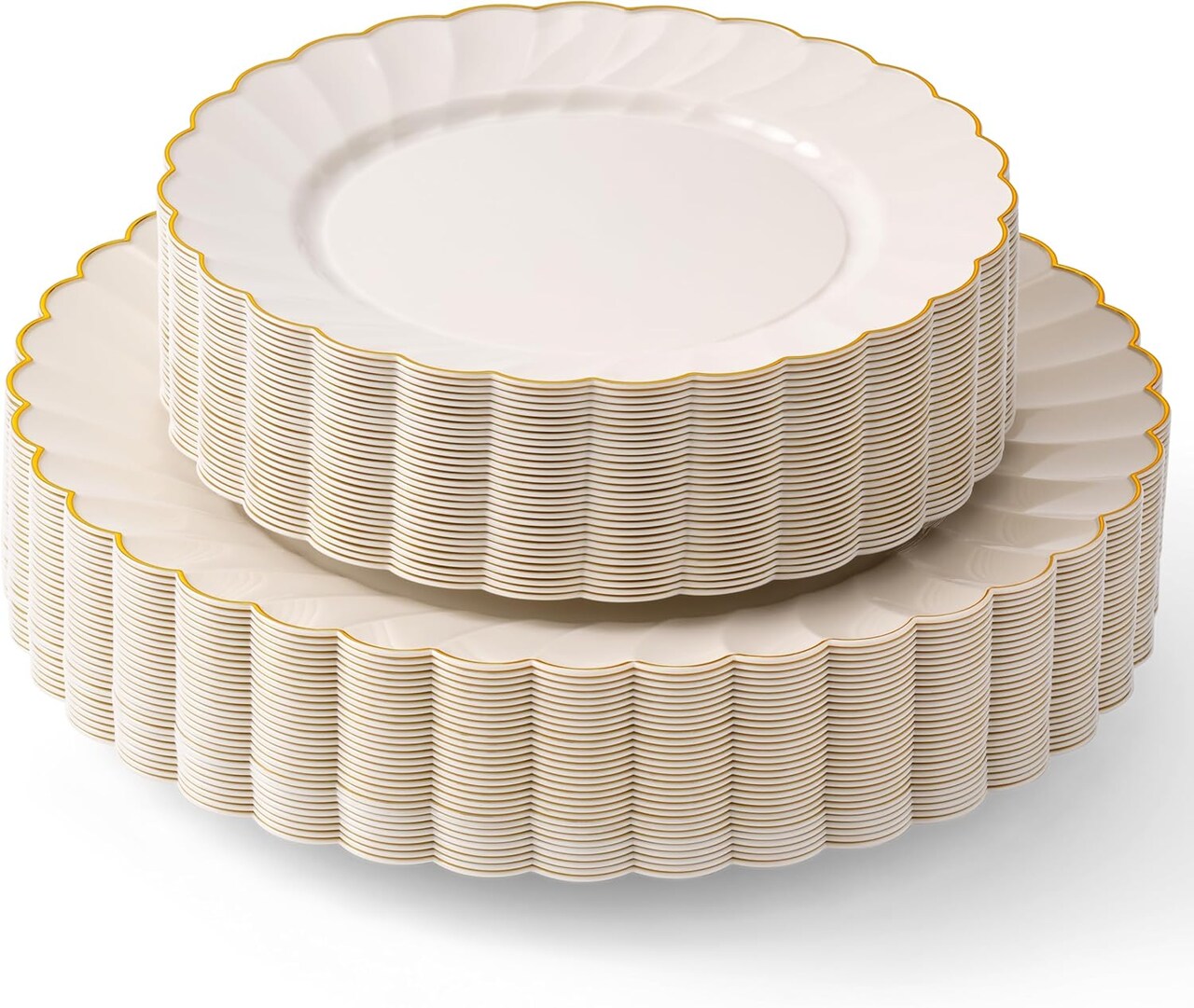 PREMIUM 60 Pc Ivory Scalloped Plastic Plates with Gold Trim – 30 Dinner & 30 Dessert Nice Plastic Plates for Party